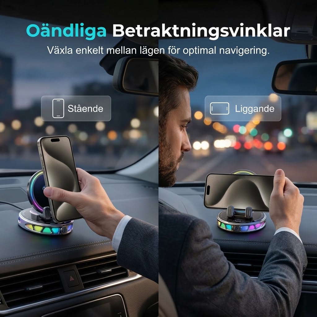 Bilhållare med trådlös laddning 360° rotation och RGB-belysning