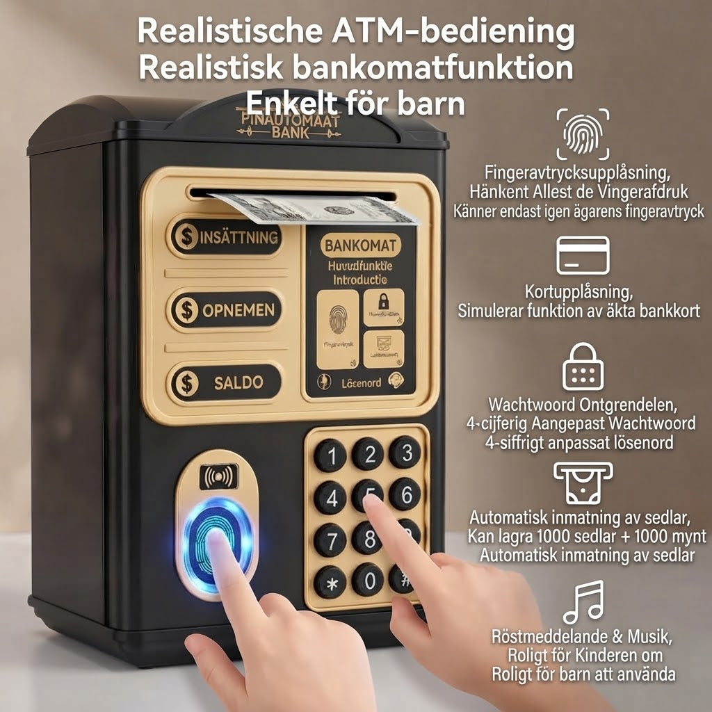 Automatisk bankomat-sparbössa för barn med lösenord