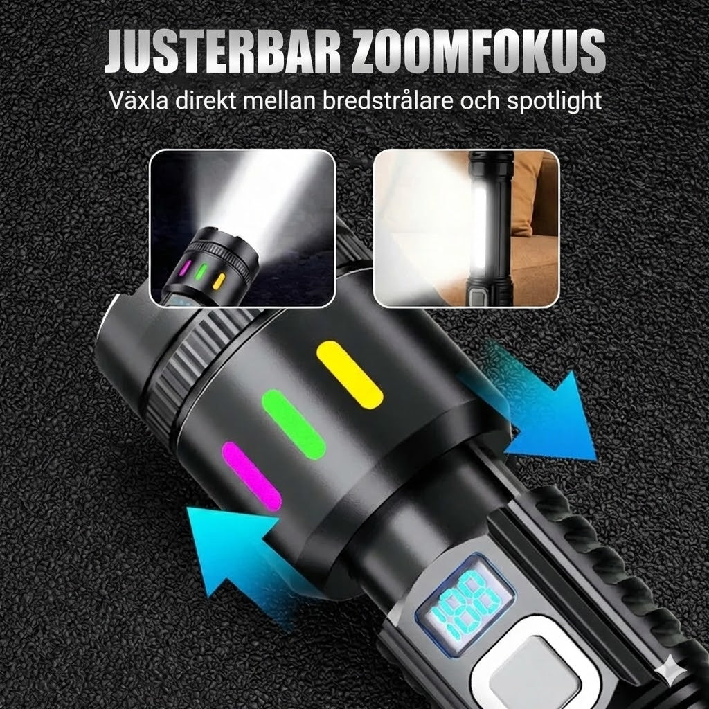 LED-ficklampa med digital display och zoom