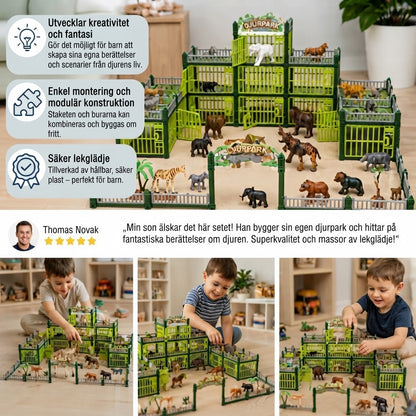 Modulärt zoo-byggset med djurfigurer och interaktiva burar