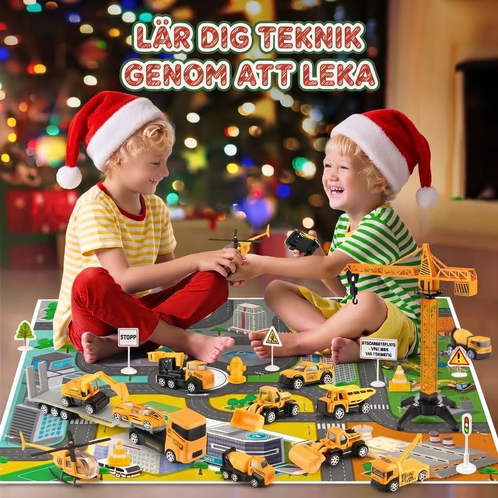 Byggarbetsplats adventskalender med 24 byggfordon i metall