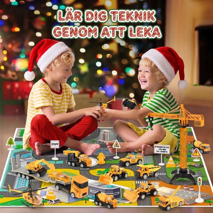 Byggarbetsplats adventskalender med 24 byggfordon i metall