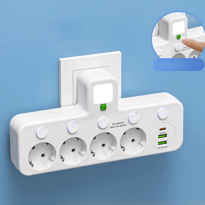 Platsbesparande grenuttag med lampa och USB-portar