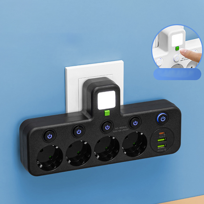 Platsbesparande grenuttag med lampa och USB-portar
