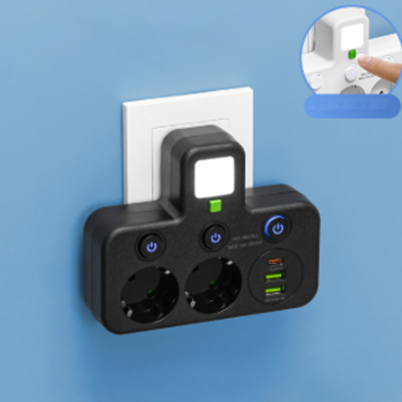 Platsbesparande grenuttag med lampa och USB-portar