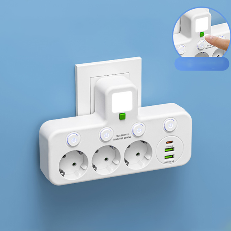 Platsbesparande grenuttag med lampa och USB-portar
