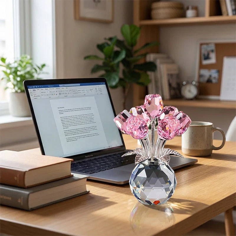 Kristall färgglad rosenblomma samlarfigur med vas