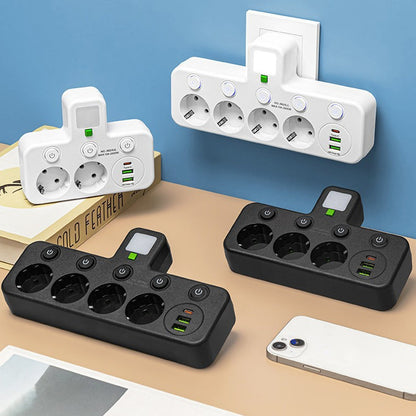 Platsbesparande grenuttag med lampa och USB-portar