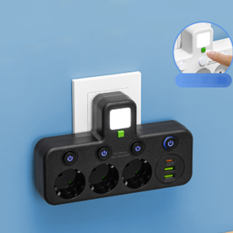 Platsbesparande grenuttag med lampa och USB-portar