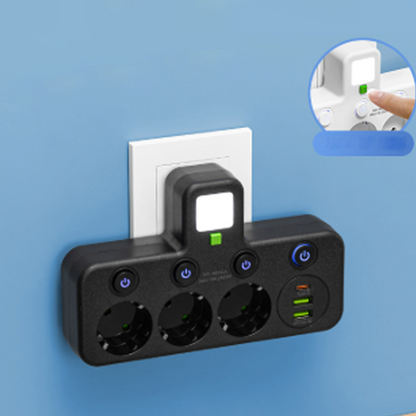 Platsbesparande grenuttag med lampa och USB-portar