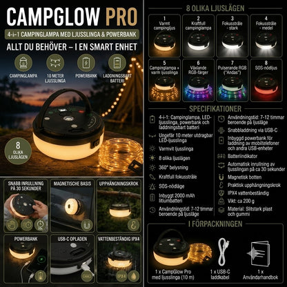 CampGlow 4-i-1 uppladdningsbar campinglampa med ljusslinga och powerbank