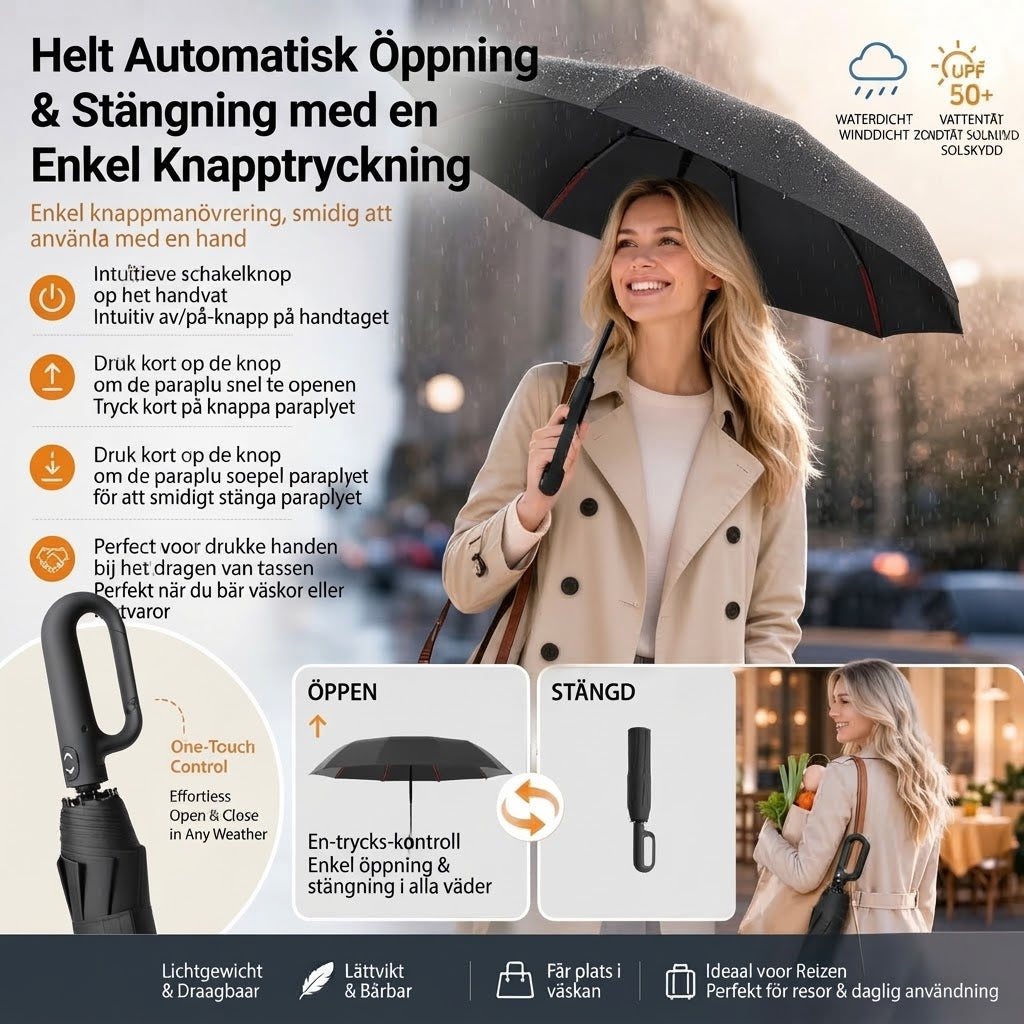 Automatiskt stormsäkert paraply med UV-skydd