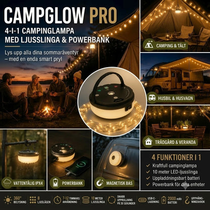 CampGlow 4-i-1 uppladdningsbar campinglampa med ljusslinga och powerbank