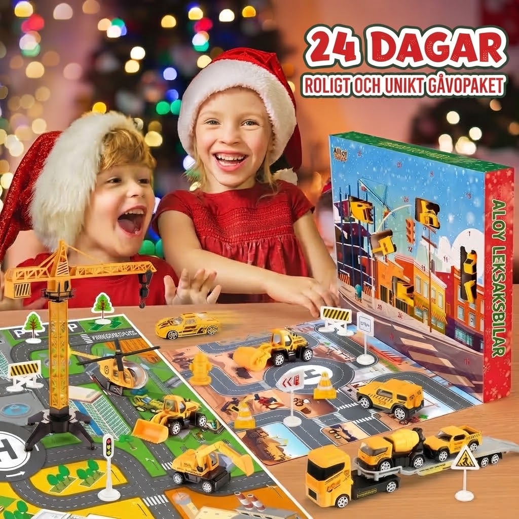 Byggarbetsplats adventskalender med 24 byggfordon i metall