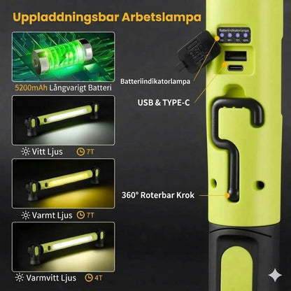 Uppladdningsbar arbetsbelysning – 3000 LM, IPX4-vattentät & 360° krok!