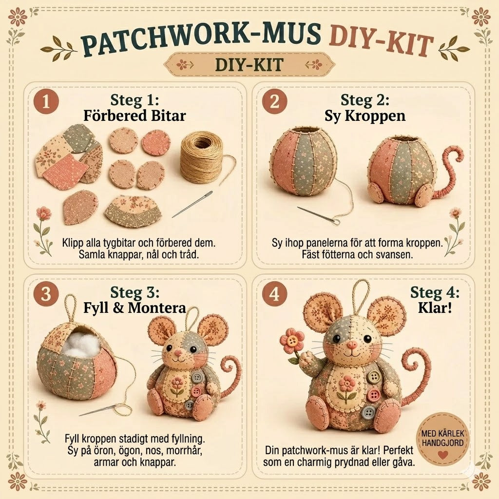 Komplett DIY-set för en patchworkmus - Inkluderar allt material