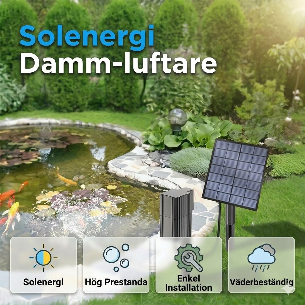Solcellsdriven dammluftare – Ger kontinuerlig syresättning för fiskar och växter