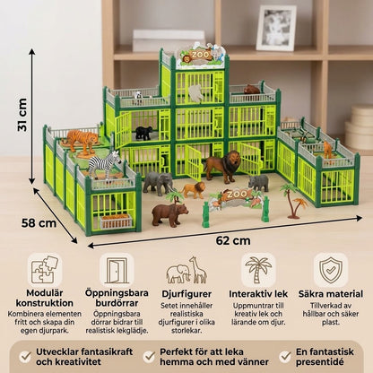 Modulärt zoo-byggset med djurfigurer och interaktiva burar