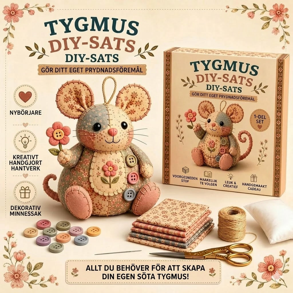 Komplett DIY-set för en patchworkmus - Inkluderar allt material