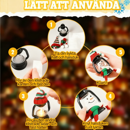 Mini snögubbelykta med mössor och halsdukar