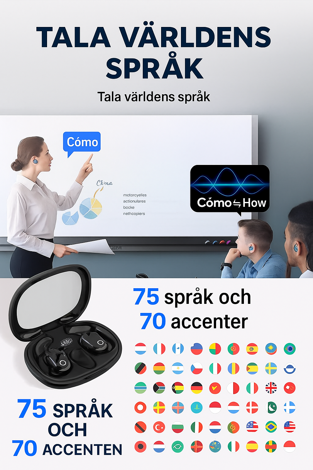 AI-språköversättare hörlurar (talar 75 språk i realtid)