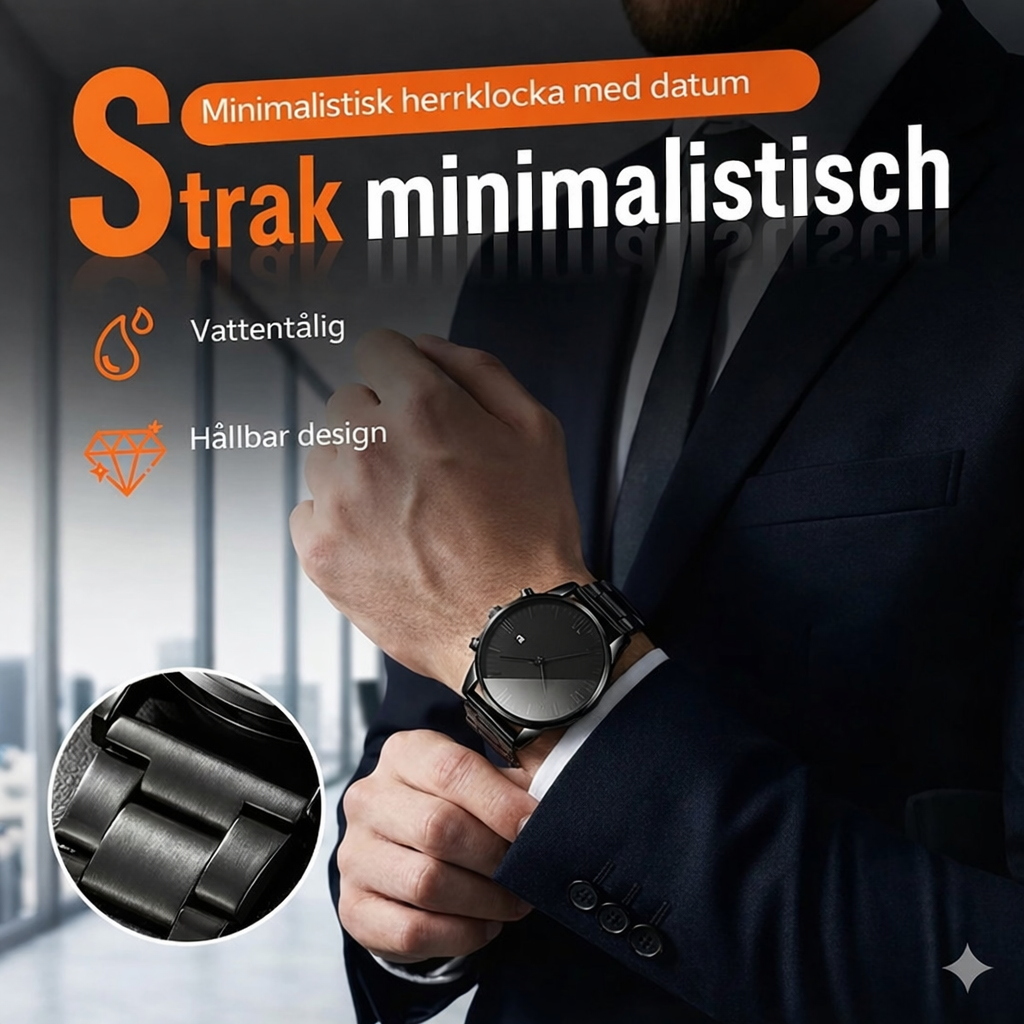 Minimalistisk kvartsklocka för herrar med datumvisning