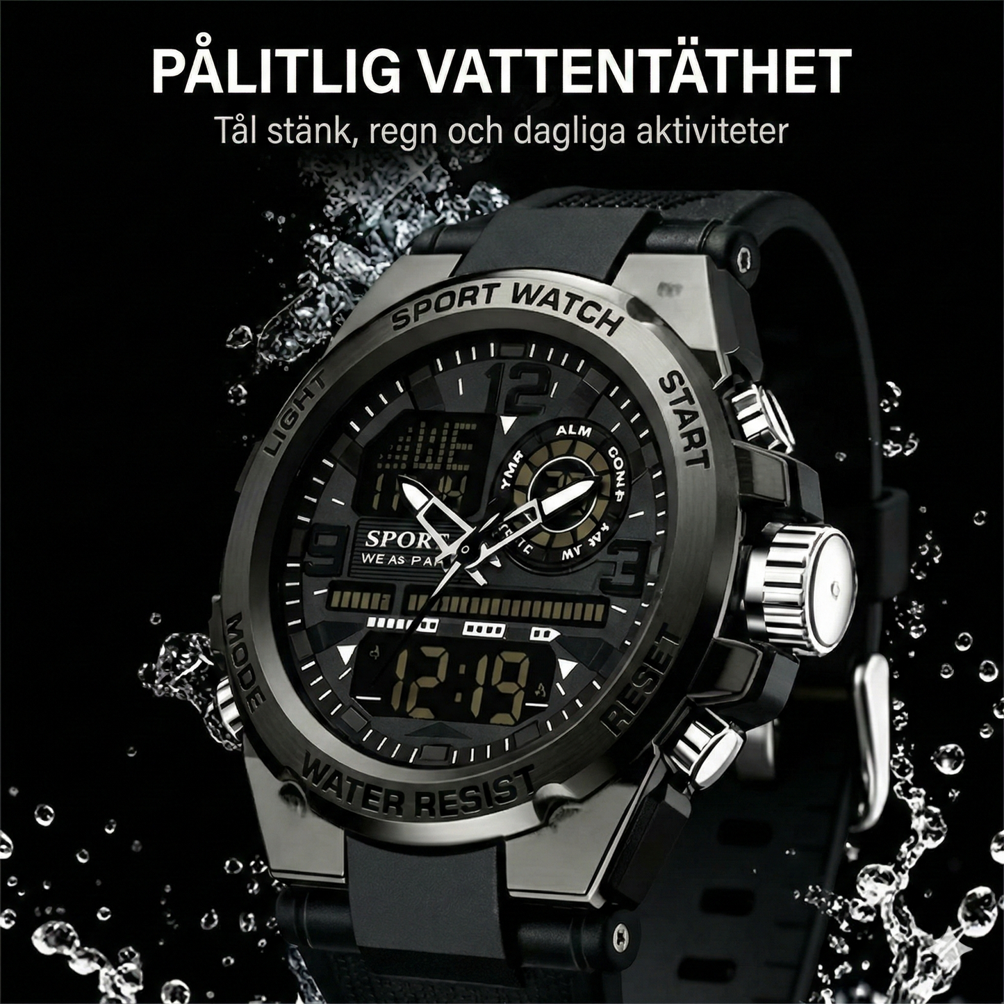 Digital sportklocka med nattlampa (Vattentät)