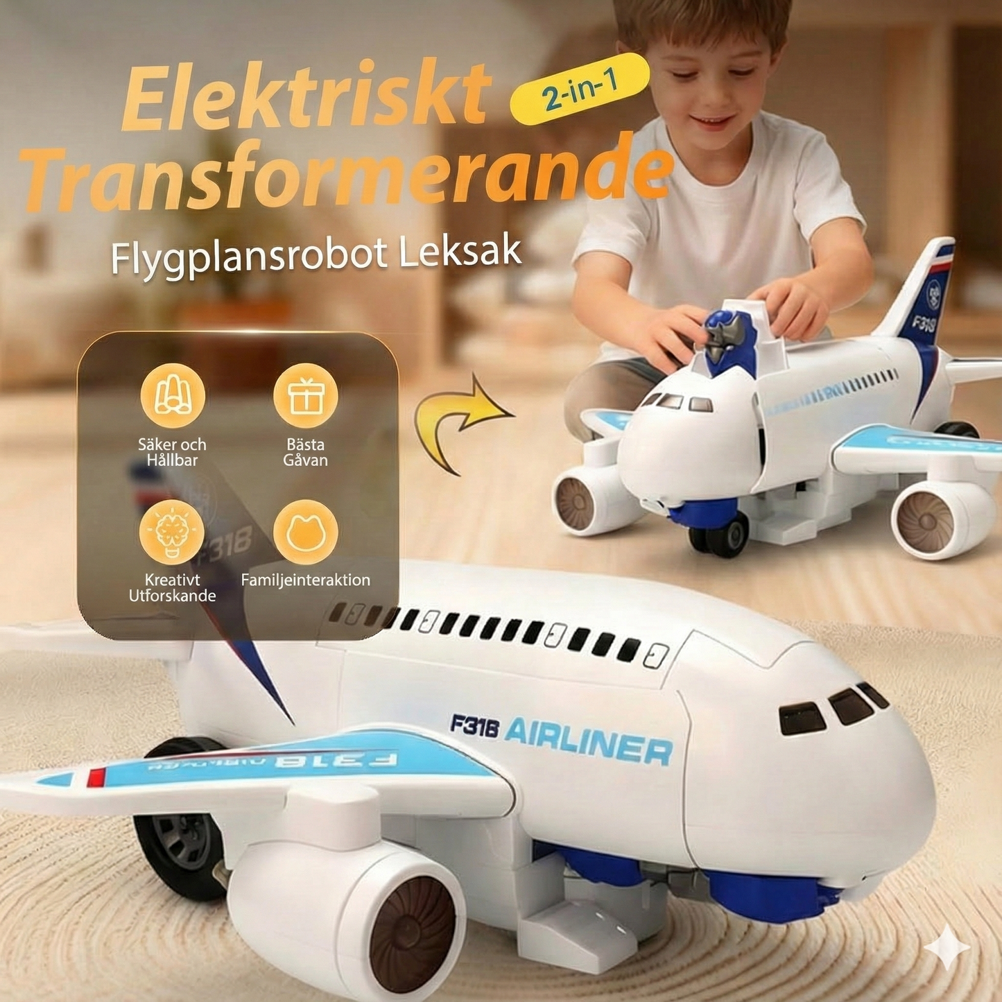 2-i-1 elektrisk transformerande flygplansrobotleksak