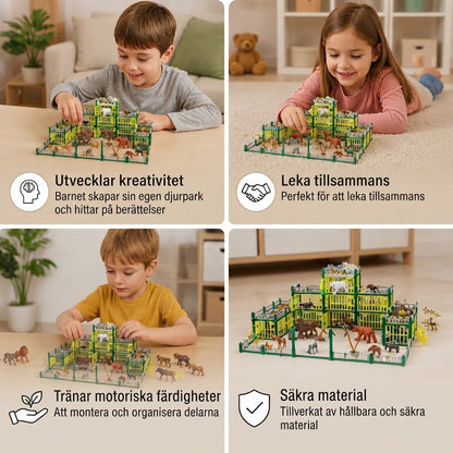 Modulärt zoo-byggset med djurfigurer och interaktiva burar