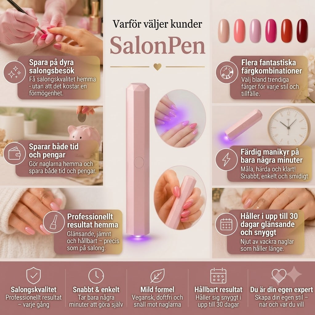 SalonPen 3-i-1 gelpennset med UV-LED-lampa, 6 st