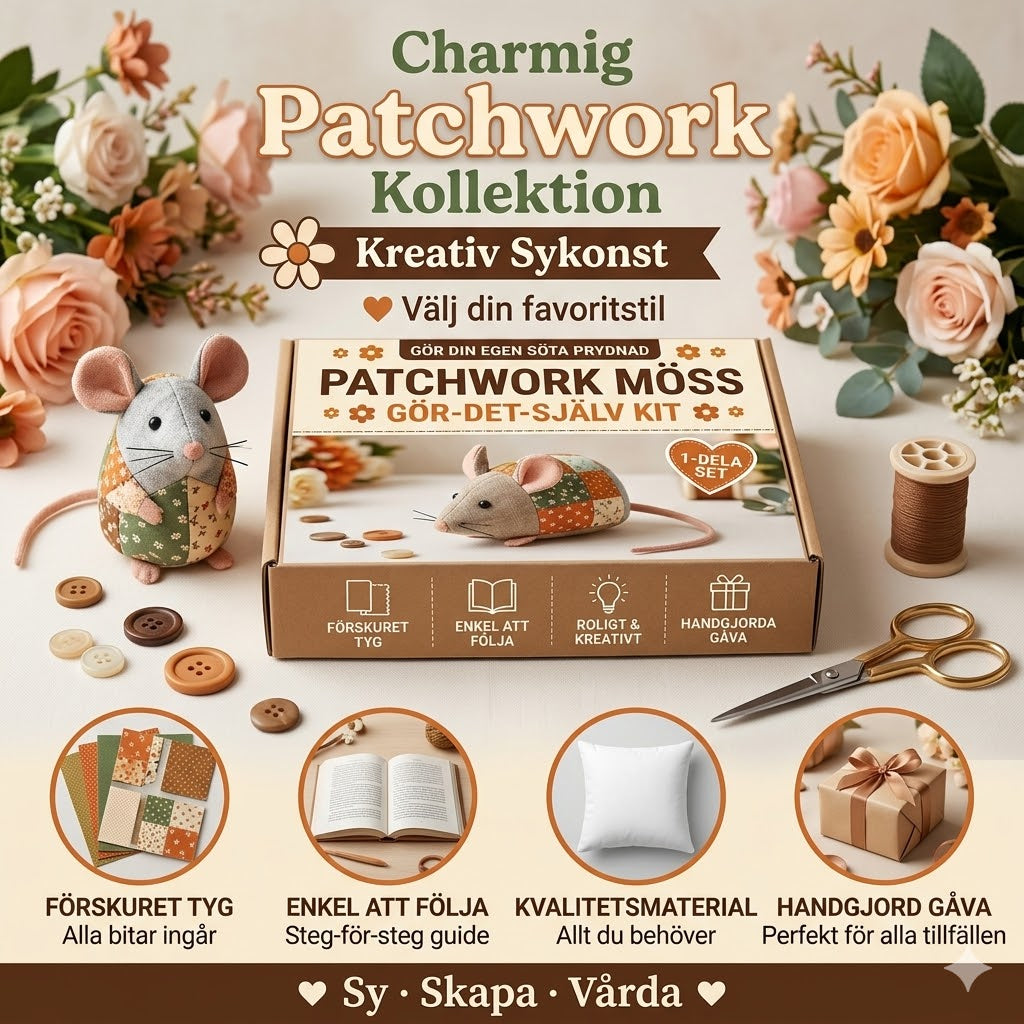 Komplett DIY-set för en patchworkmus - Inkluderar allt material