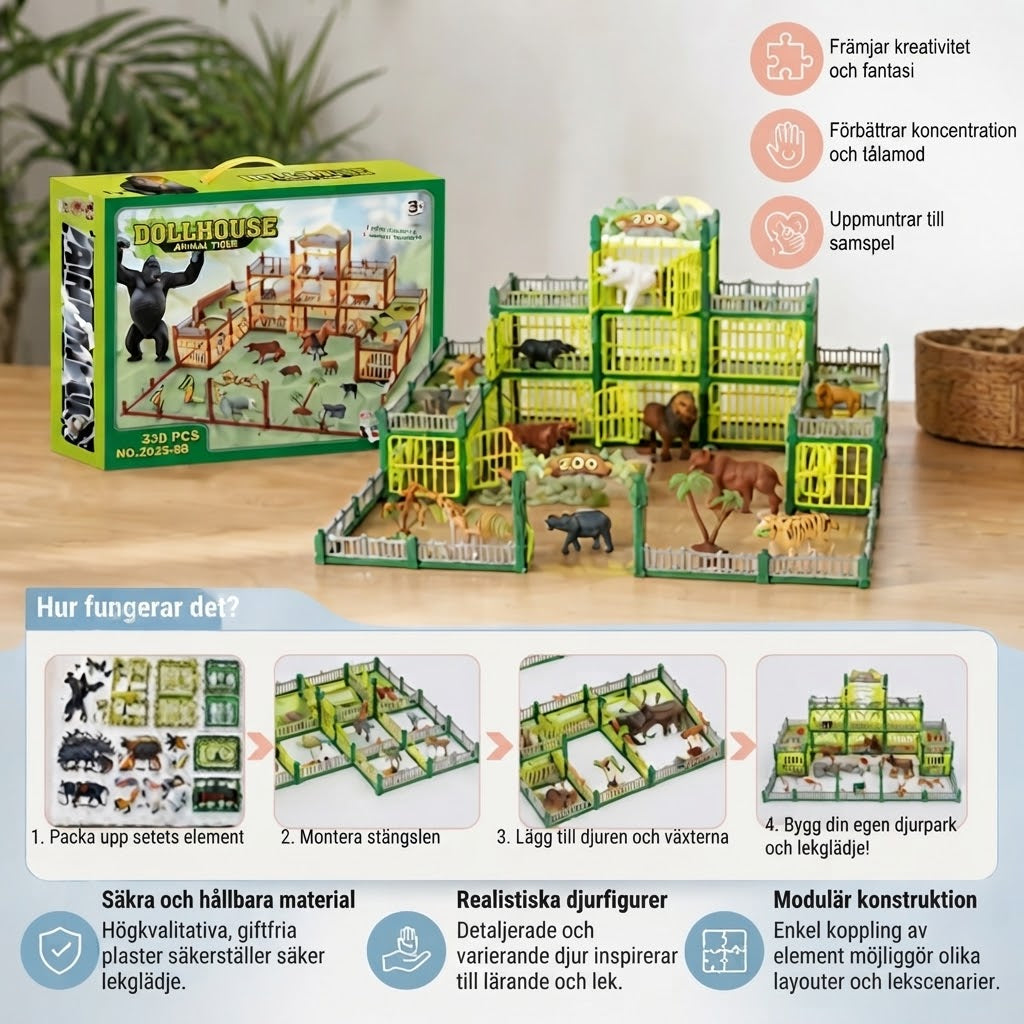 Modulärt zoo-byggset med djurfigurer och interaktiva burar
