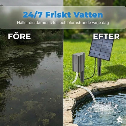 Solcellsdriven dammluftare – Ger kontinuerlig syresättning för fiskar och växter