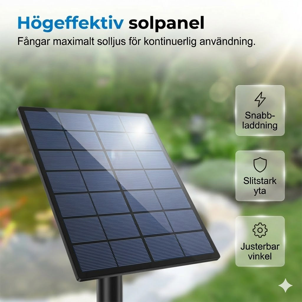 Solcellsdriven dammluftare – Ger kontinuerlig syresättning för fiskar och växter