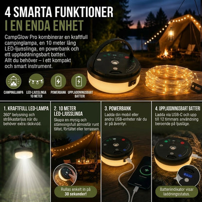 CampGlow 4-i-1 uppladdningsbar campinglampa med ljusslinga och powerbank