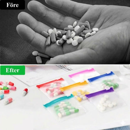 Set med 7 genomskinliga pillerpåsar med dragkedja – lufttäta.