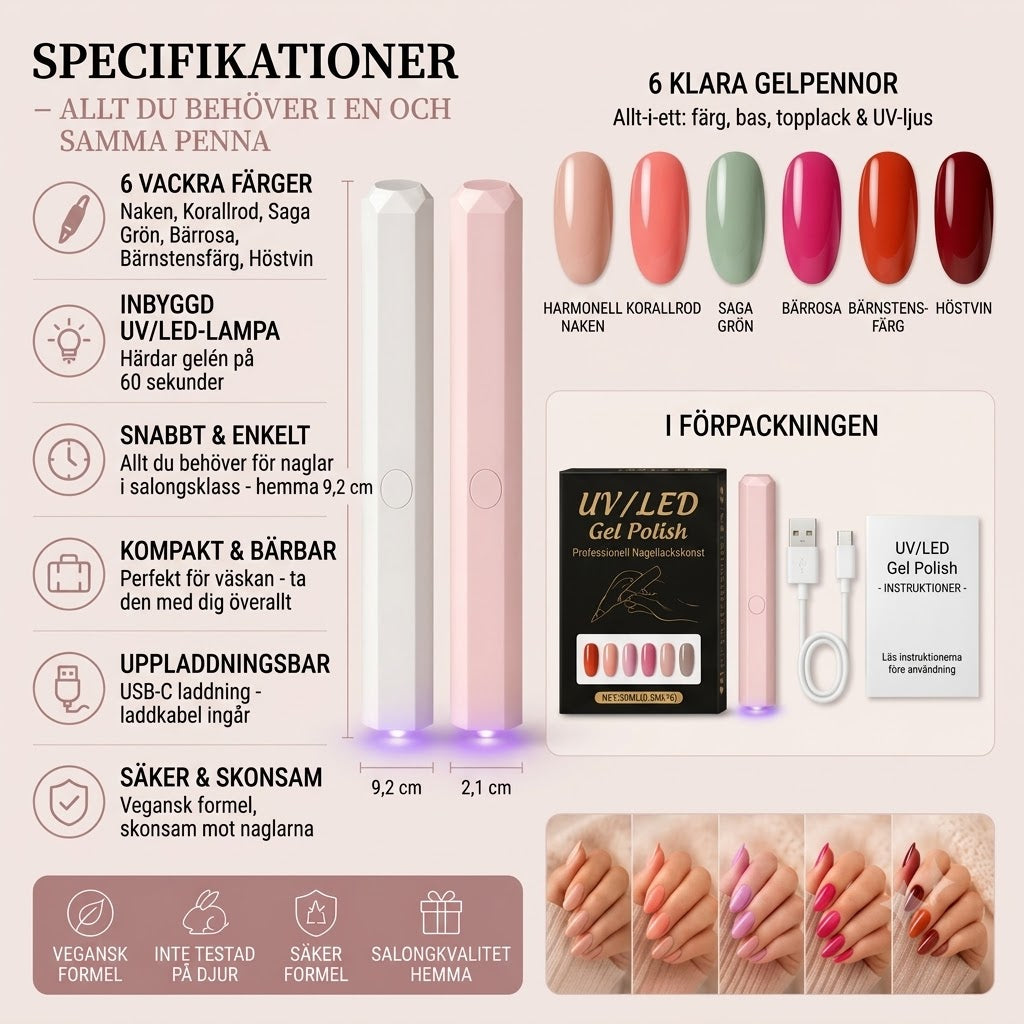 SalonPen 3-i-1 gelpennset med UV-LED-lampa, 6 st