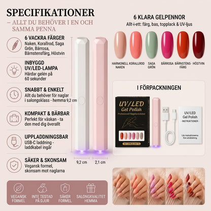 SalonPen 3-i-1 gelpennset med UV-LED-lampa, 6 st