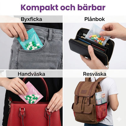 Set med 7 genomskinliga pillerpåsar med dragkedja – lufttäta.