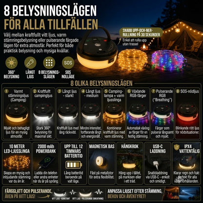CampGlow 4-i-1 uppladdningsbar campinglampa med ljusslinga och powerbank