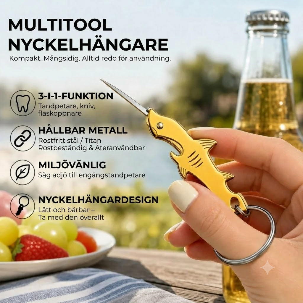 Hajformad 3-i-1 multiverktyg som nyckelring