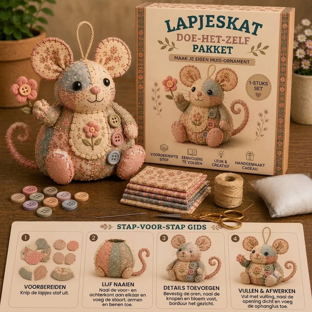 Komplett DIY-set för en patchworkmus - Inkluderar allt material