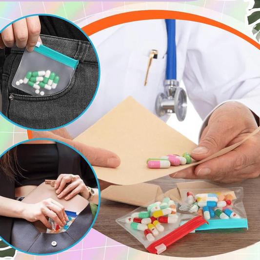 Set med 7 genomskinliga pillerpåsar med dragkedja – lufttäta.