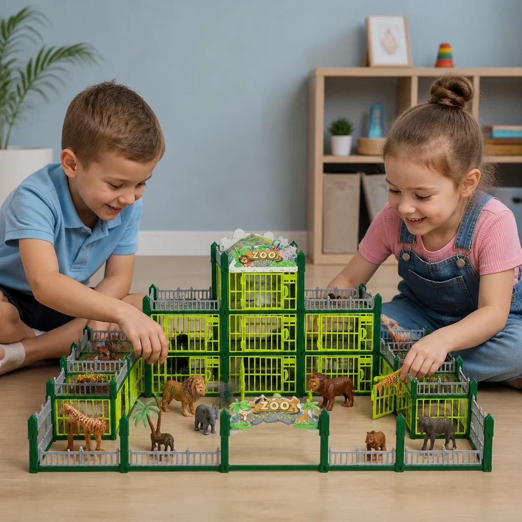 Modulärt zoo-byggset med djurfigurer och interaktiva burar