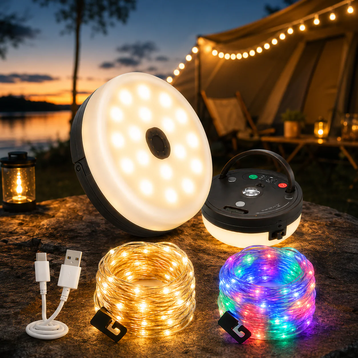 CampGlow 4-i-1 uppladdningsbar campinglampa med ljusslinga och powerbank