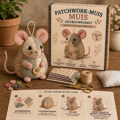 Komplett DIY-set för en patchworkmus - Inkluderar allt material