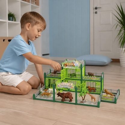 Modulärt zoo-byggset med djurfigurer och interaktiva burar