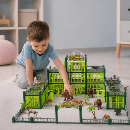 Modulärt zoo-byggset med djurfigurer och interaktiva burar