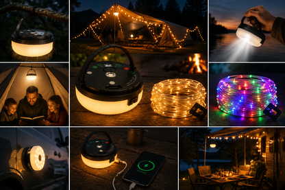 CampGlow 4-i-1 uppladdningsbar campinglampa med ljusslinga och powerbank