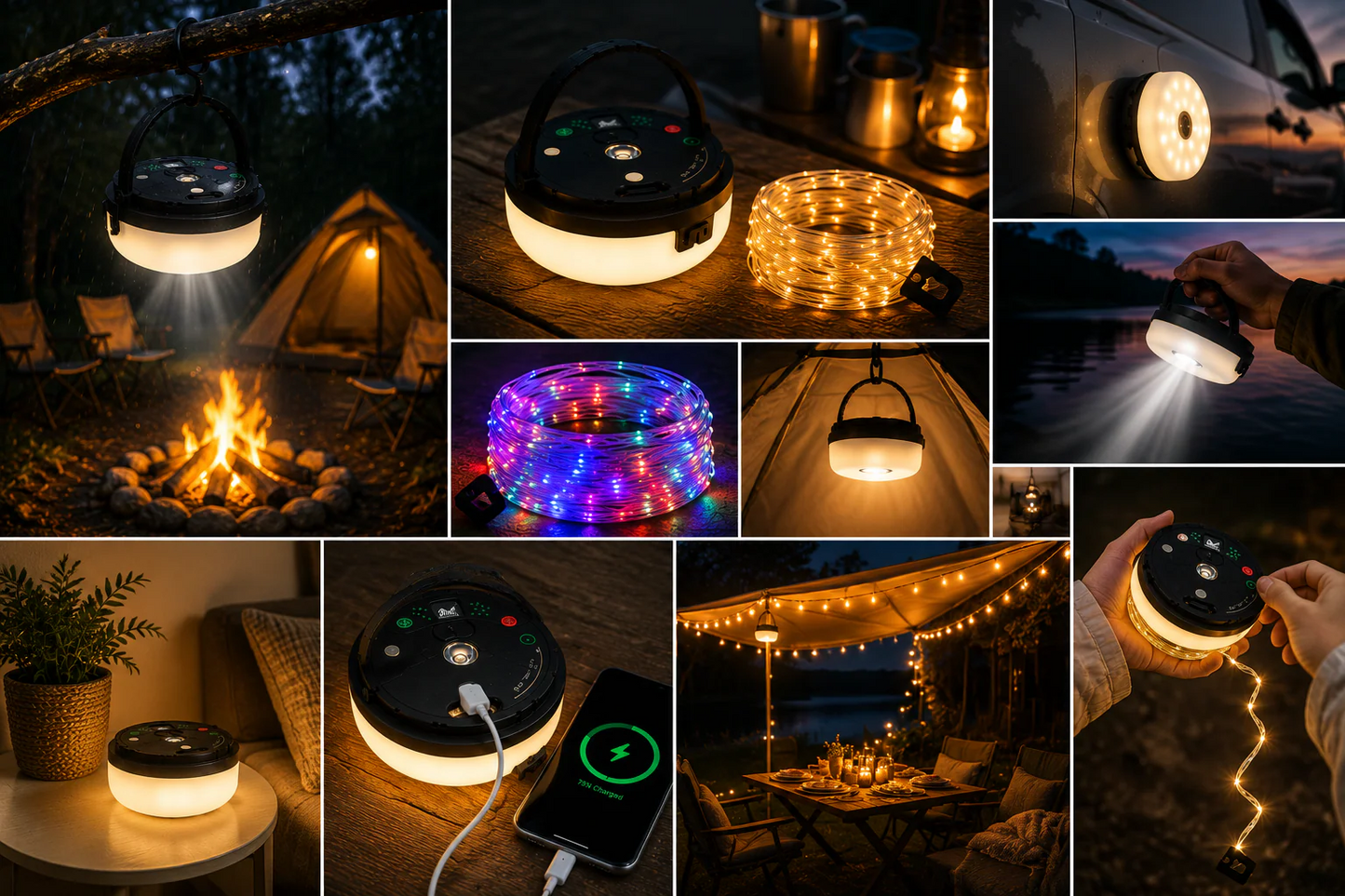 CampGlow 4-i-1 uppladdningsbar campinglampa med ljusslinga och powerbank